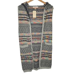 Monteau Boho Festival Aztec Knit Open Front Hooded Duster Cardigan Vest Small